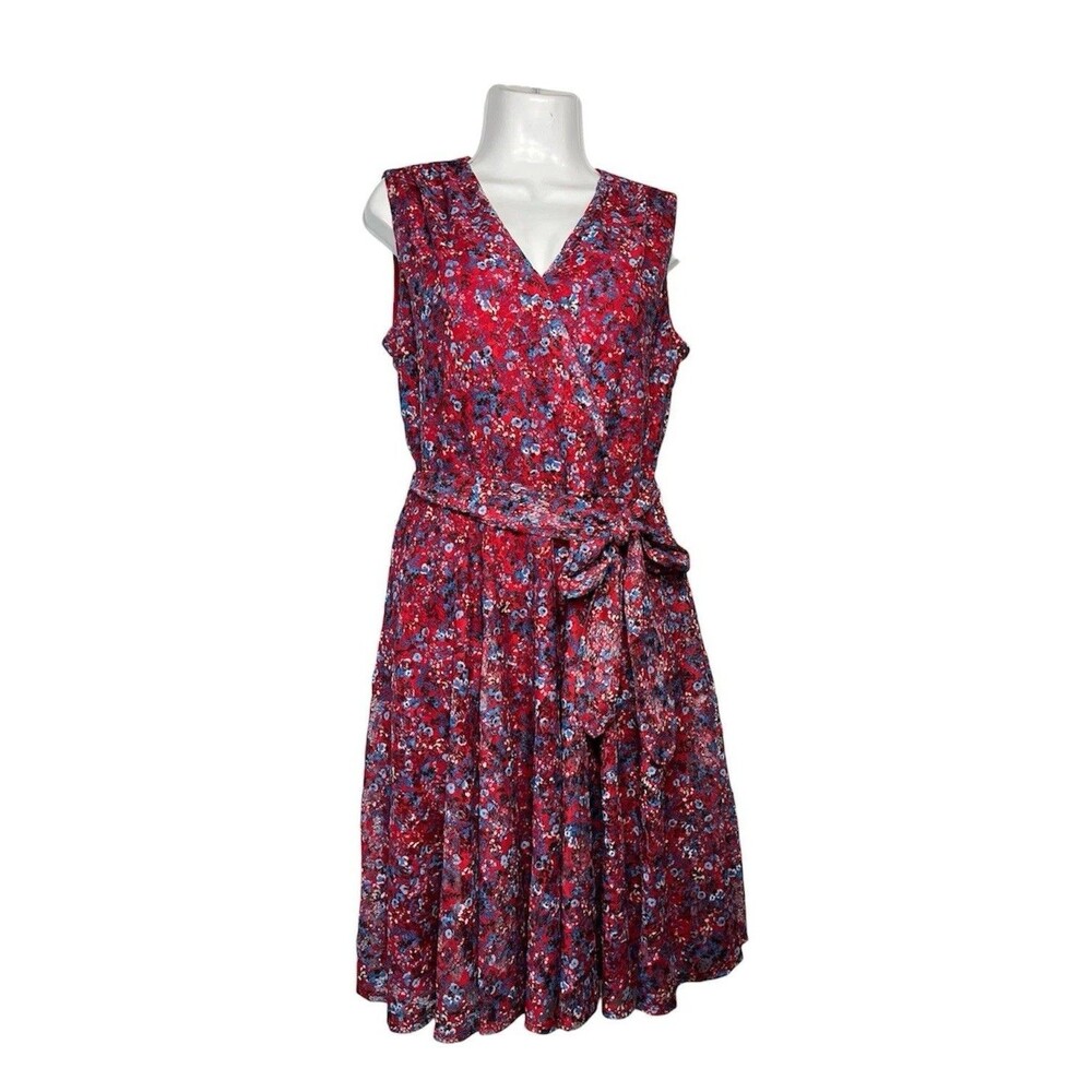 Roz & Ali Dress Size 10 Women Red Blue Floral Lace Sleeveless Flowy Belt Party